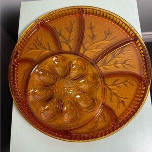 Vintage Amber Glass Divided Serving Tray egg plate